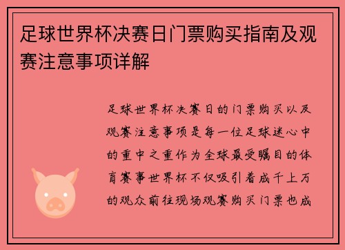 足球世界杯决赛日门票购买指南及观赛注意事项详解