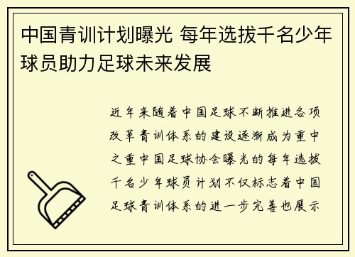中国青训计划曝光 每年选拔千名少年球员助力足球未来发展